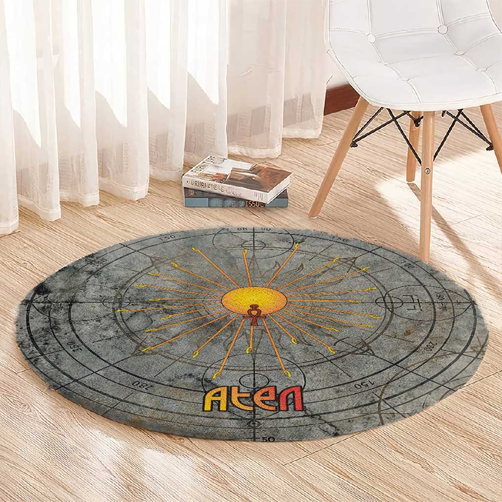 Aten Ancient Egyptian Round Carpet with Gray Astronomical Chart, Radiant Sun Disc Emblem, and Ankh - African Pride