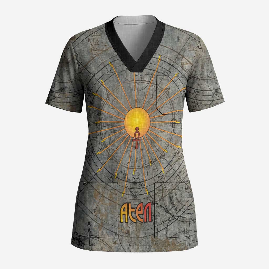 Aten Ancient Egyptian Scrub Top with Gray Astronomical Chart, Radiant Sun Disc Emblem, and Ankh - African Pride