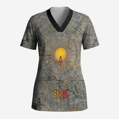 Aten Ancient Egyptian Scrub Top with Gray Astronomical Chart, Radiant Sun Disc Emblem, and Ankh - African Pride