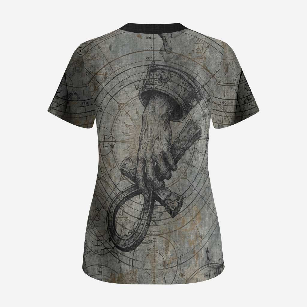 Aten Ancient Egyptian Scrub Top with Gray Astronomical Chart, Radiant Sun Disc Emblem, and Ankh - African Pride