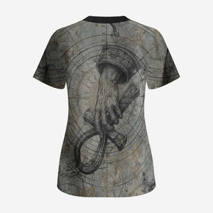 Aten Ancient Egyptian Scrub Top with Gray Astronomical Chart, Radiant Sun Disc Emblem, and Ankh - African Pride