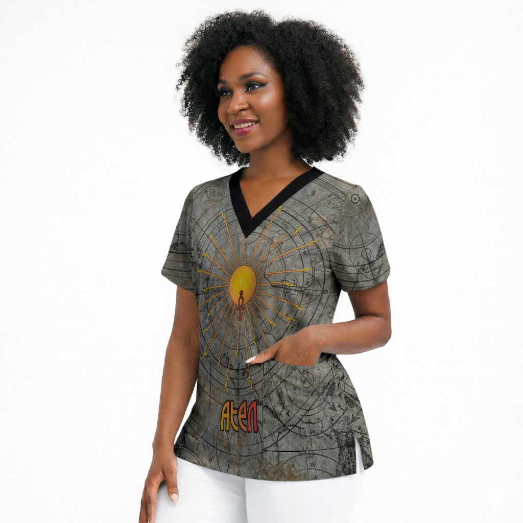 Aten Ancient Egyptian Scrub Top with Gray Astronomical Chart, Radiant Sun Disc Emblem, and Ankh - African Pride