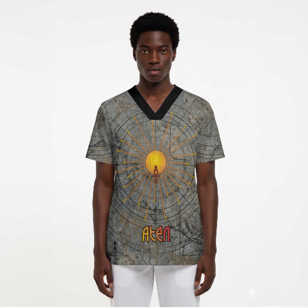 Aten Ancient Egyptian Scrub Top with Gray Astronomical Chart, Radiant Sun Disc Emblem, and Ankh - African Pride