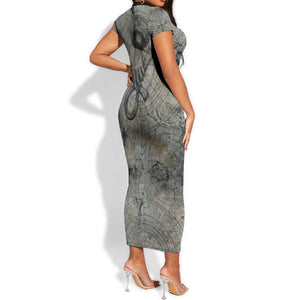 Aten Ancient Egyptian Short Sleeve Bodycon Dress with Gray Astronomical Chart, Radiant Sun Disc Emblem, and Ankh - African Pride