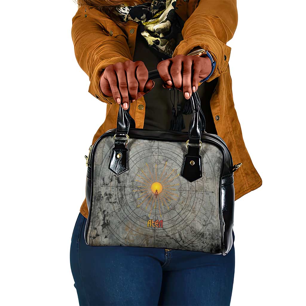 Aten Ancient Egyptian Shoulder Handbag with Gray Astronomical Chart, Radiant Sun Disc Emblem, and Ankh - African Pride