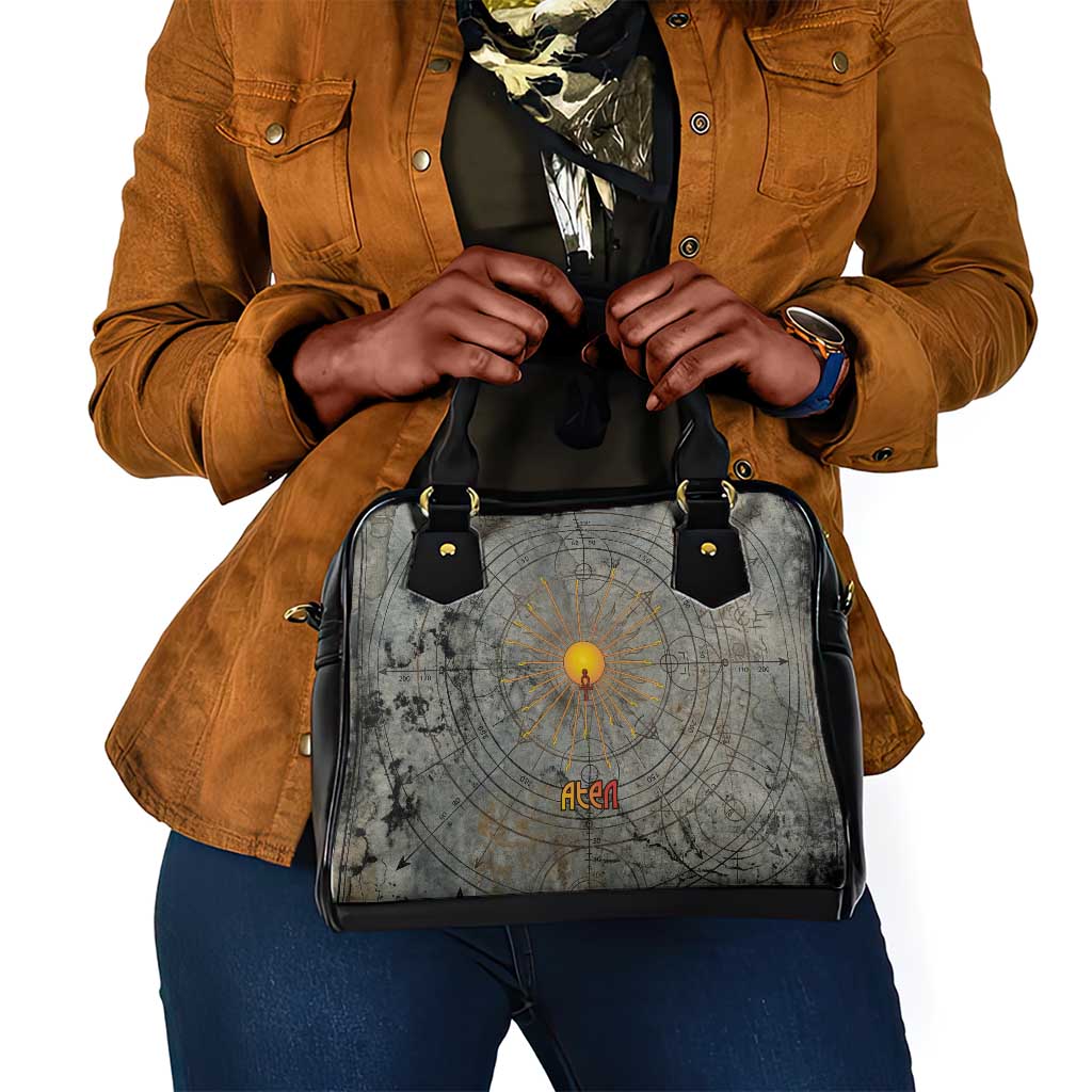 Aten Ancient Egyptian Shoulder Handbag with Gray Astronomical Chart, Radiant Sun Disc Emblem, and Ankh - African Pride