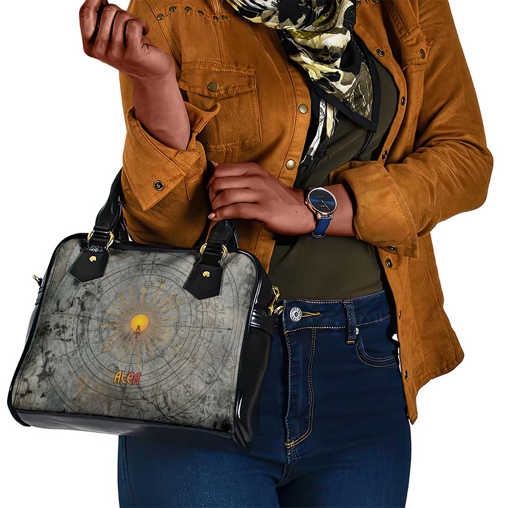 Aten Ancient Egyptian Shoulder Handbag with Gray Astronomical Chart, Radiant Sun Disc Emblem, and Ankh - African Pride
