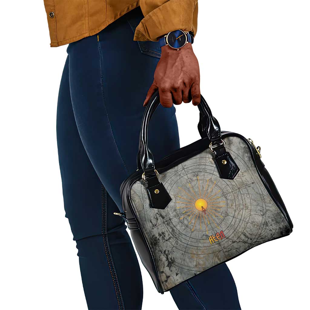 Aten Ancient Egyptian Shoulder Handbag with Gray Astronomical Chart, Radiant Sun Disc Emblem, and Ankh - African Pride