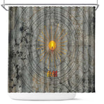 Aten Ancient Egyptian Shower Curtain with Gray Astronomical Chart, Radiant Sun Disc Emblem, and Ankh - African Pride