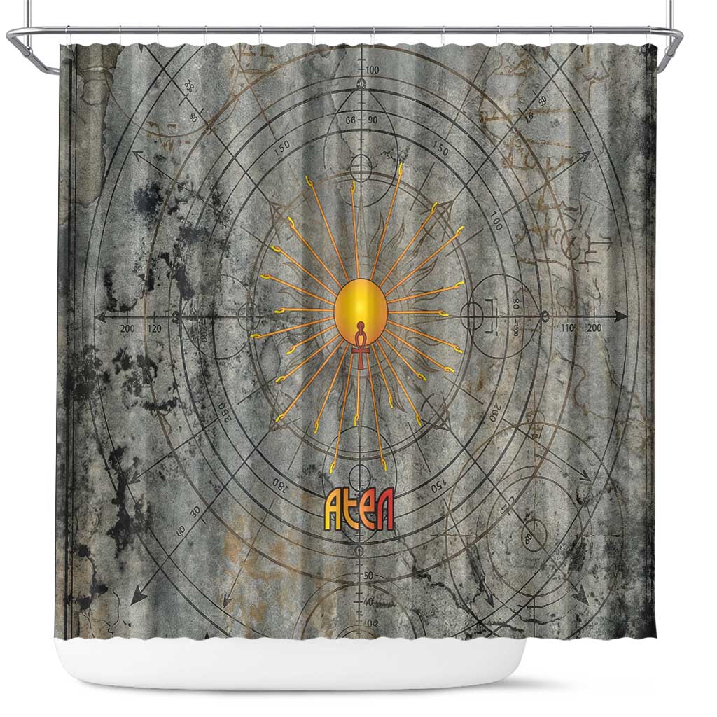 Aten Ancient Egyptian Shower Curtain with Gray Astronomical Chart, Radiant Sun Disc Emblem, and Ankh - African Pride