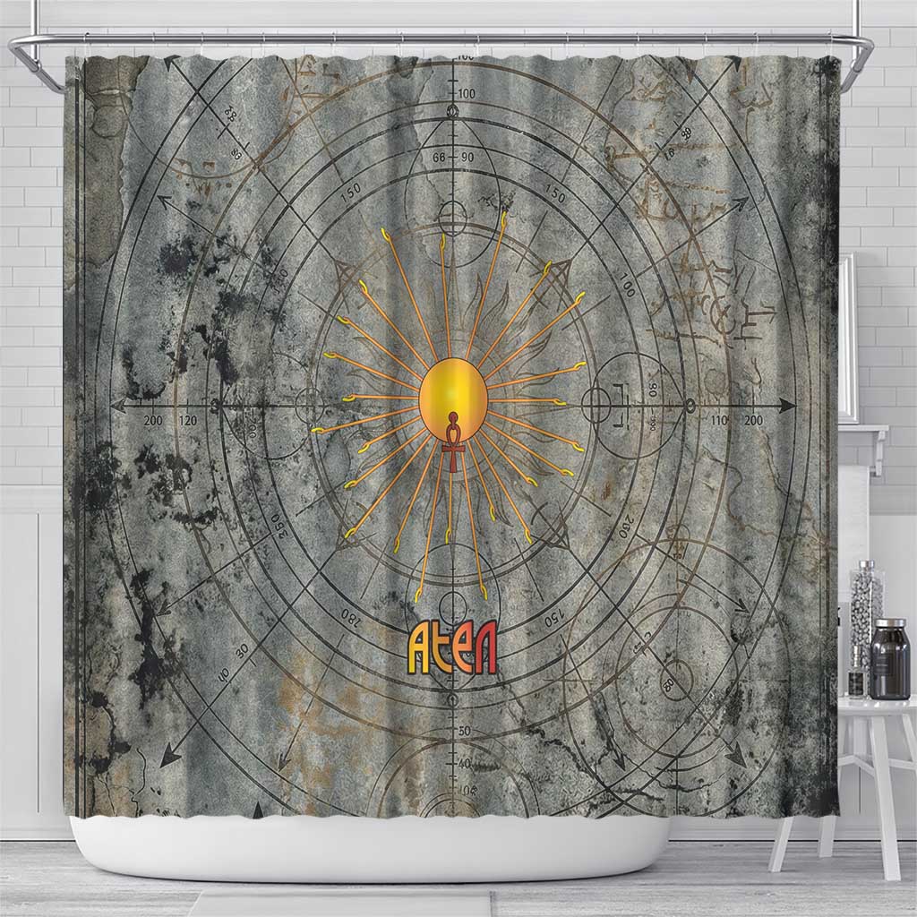 Aten Ancient Egyptian Shower Curtain with Gray Astronomical Chart, Radiant Sun Disc Emblem, and Ankh - African Pride