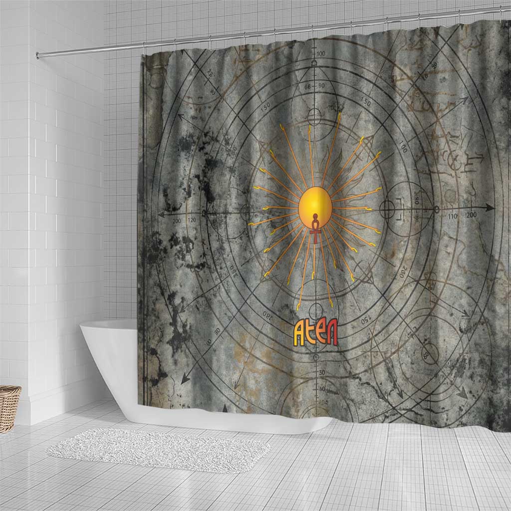 Aten Ancient Egyptian Shower Curtain with Gray Astronomical Chart, Radiant Sun Disc Emblem, and Ankh - African Pride