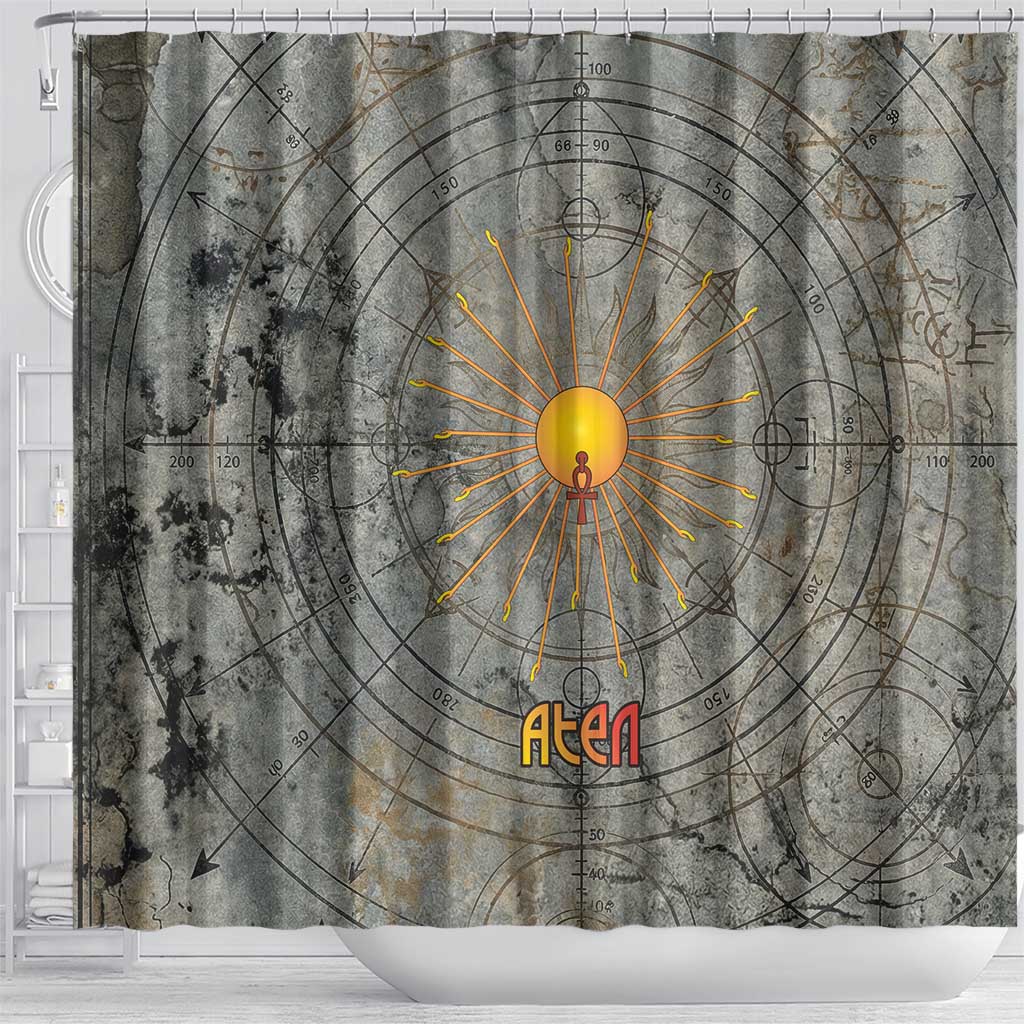 Aten Ancient Egyptian Shower Curtain with Gray Astronomical Chart, Radiant Sun Disc Emblem, and Ankh - African Pride