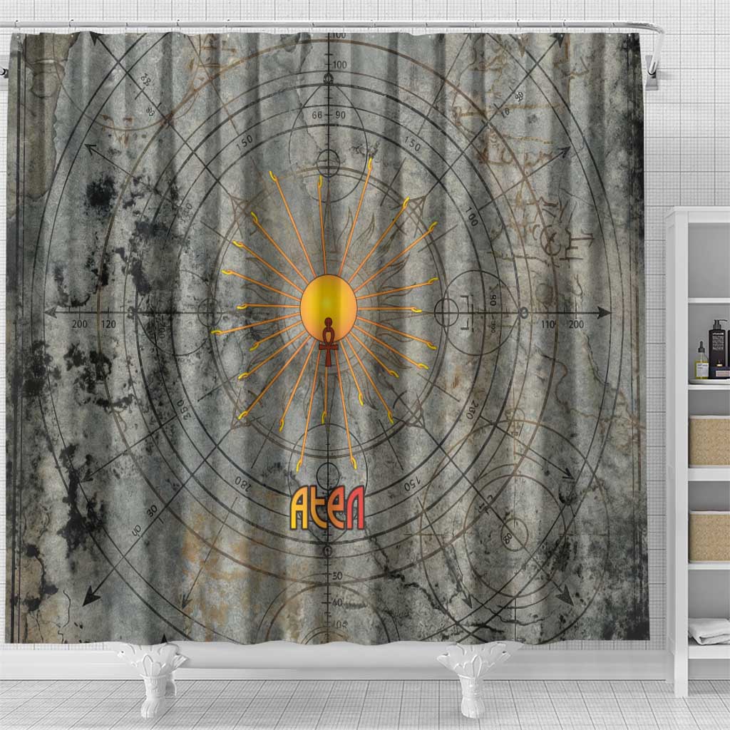 Aten Ancient Egyptian Shower Curtain with Gray Astronomical Chart, Radiant Sun Disc Emblem, and Ankh - African Pride