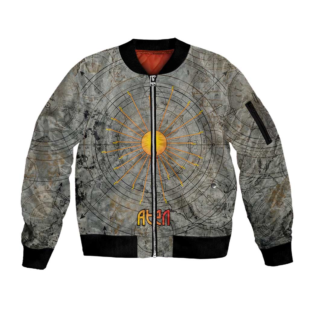 Aten Ancient Egyptian Sleeve Zip Bomber Jacket with Gray Astronomical Chart, Radiant Sun Disc Emblem, and Ankh - African Pride