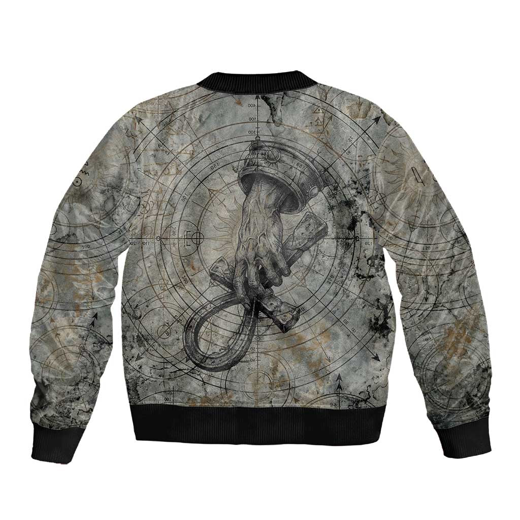 Aten Ancient Egyptian Sleeve Zip Bomber Jacket with Gray Astronomical Chart, Radiant Sun Disc Emblem, and Ankh - African Pride