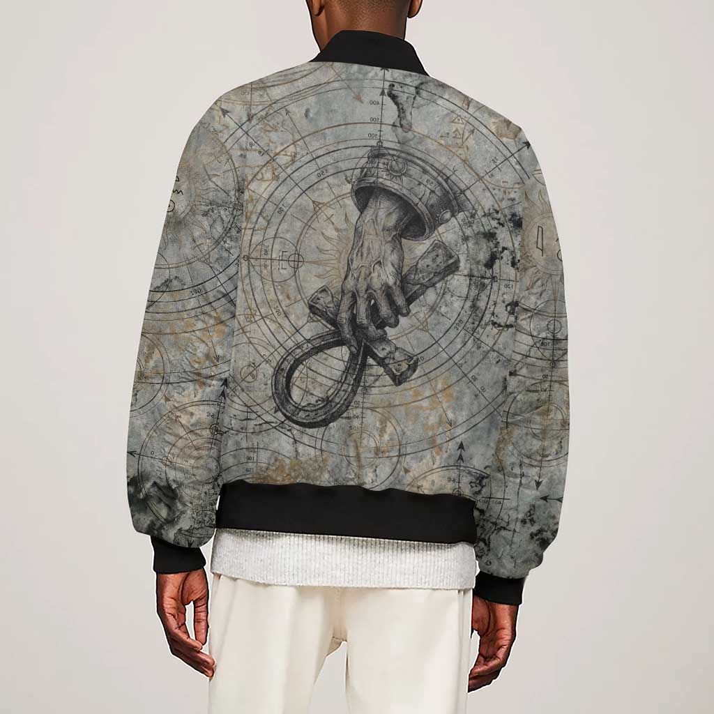 Aten Ancient Egyptian Sleeve Zip Bomber Jacket with Gray Astronomical Chart, Radiant Sun Disc Emblem, and Ankh - African Pride