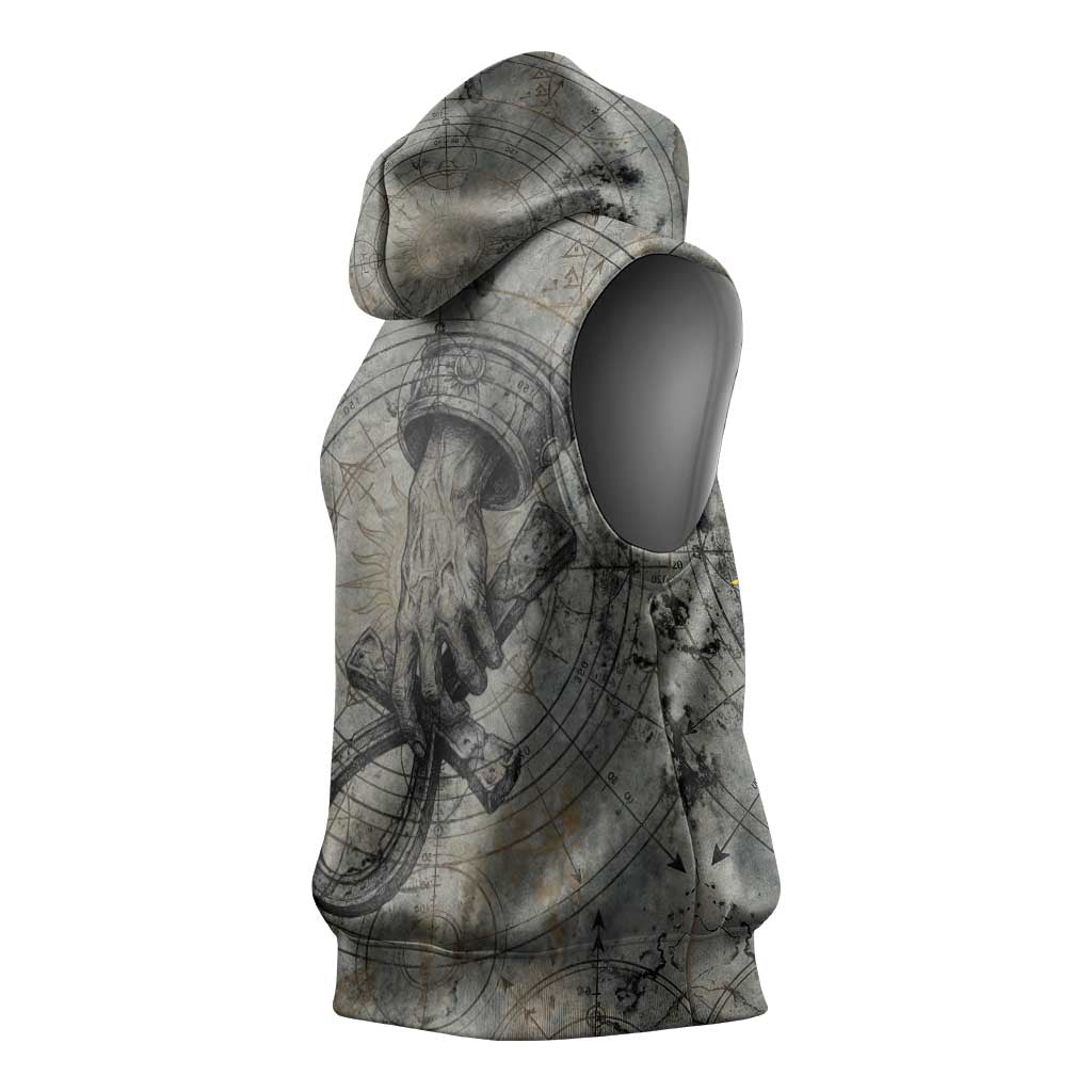 Aten Ancient Egyptian Sleeveless Hoodie with Gray Astronomical Chart, Radiant Sun Disc Emblem, and Ankh - African Pride
