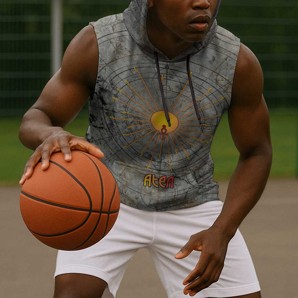 Aten Ancient Egyptian Sleeveless Hoodie with Gray Astronomical Chart, Radiant Sun Disc Emblem, and Ankh - African Pride