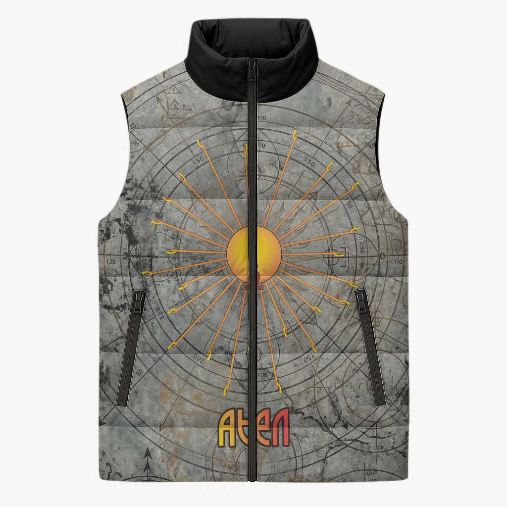 Aten Ancient Egyptian Sleeveless Puffer Jacket with Gray Astronomical Chart, Radiant Sun Disc Emblem, and Ankh - African Pride