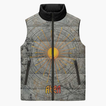 Aten Ancient Egyptian Sleeveless Puffer Jacket with Gray Astronomical Chart, Radiant Sun Disc Emblem, and Ankh - African Pride