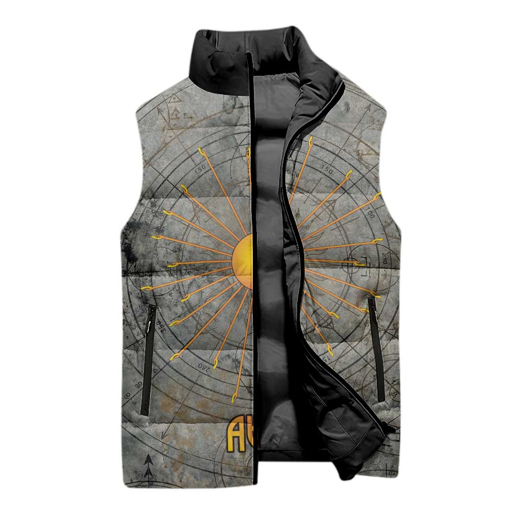 Aten Ancient Egyptian Sleeveless Puffer Jacket with Gray Astronomical Chart, Radiant Sun Disc Emblem, and Ankh - African Pride