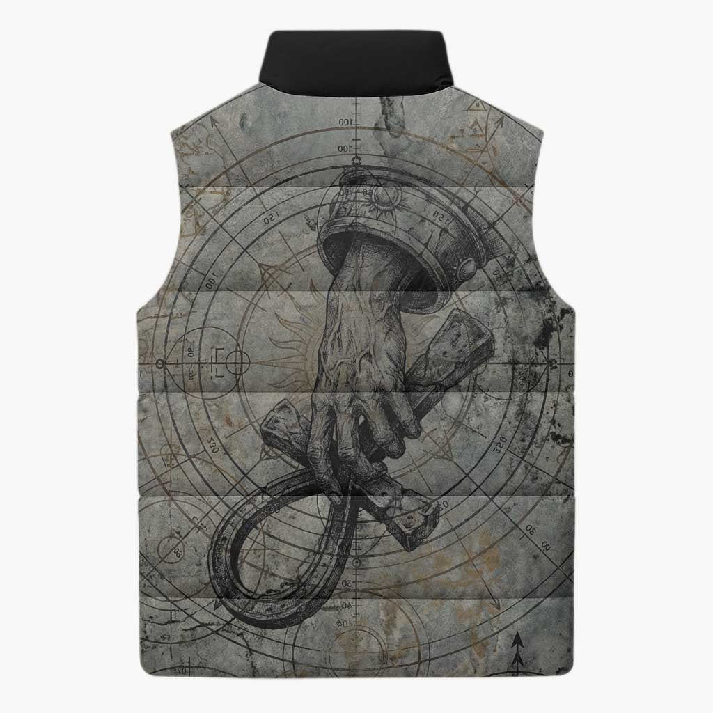 Aten Ancient Egyptian Sleeveless Puffer Jacket with Gray Astronomical Chart, Radiant Sun Disc Emblem, and Ankh - African Pride