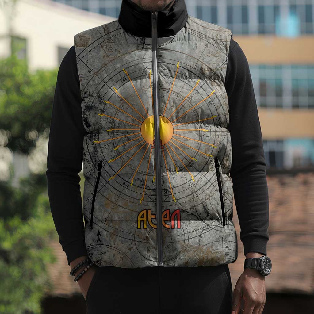 Aten Ancient Egyptian Sleeveless Puffer Jacket with Gray Astronomical Chart, Radiant Sun Disc Emblem, and Ankh - African Pride
