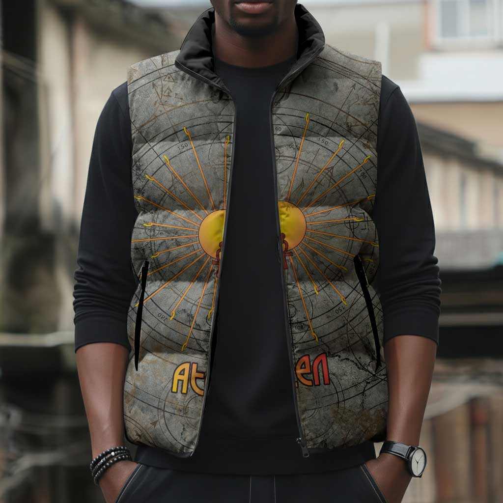 Aten Ancient Egyptian Sleeveless Puffer Jacket with Gray Astronomical Chart, Radiant Sun Disc Emblem, and Ankh - African Pride