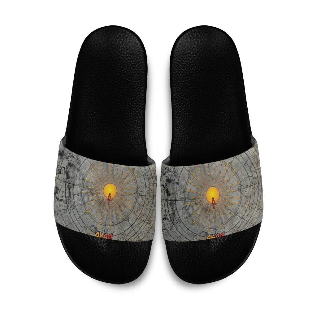 Aten Ancient Egyptian Slide Sandals with Gray Astronomical Chart, Radiant Sun Disc Emblem, and Ankh - African Pride