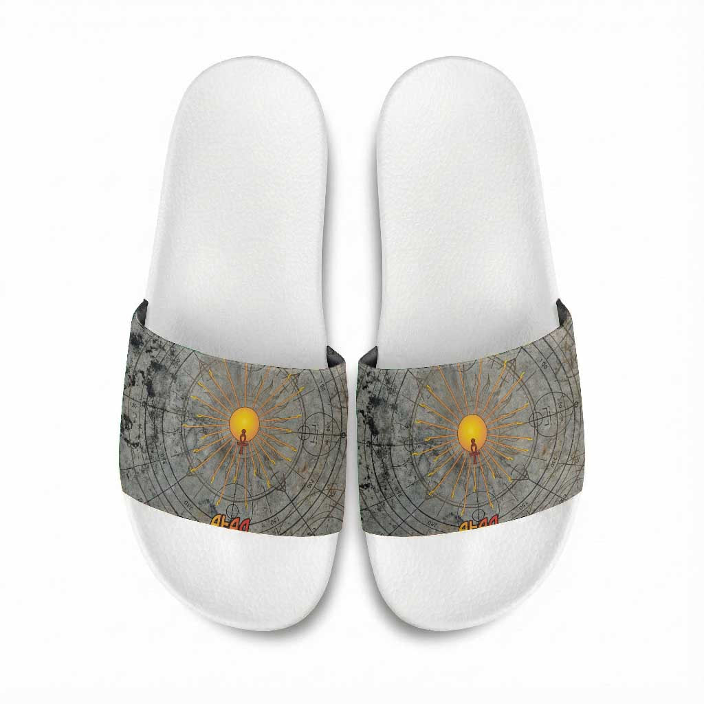 Aten Ancient Egyptian Slide Sandals with Gray Astronomical Chart, Radiant Sun Disc Emblem, and Ankh - African Pride