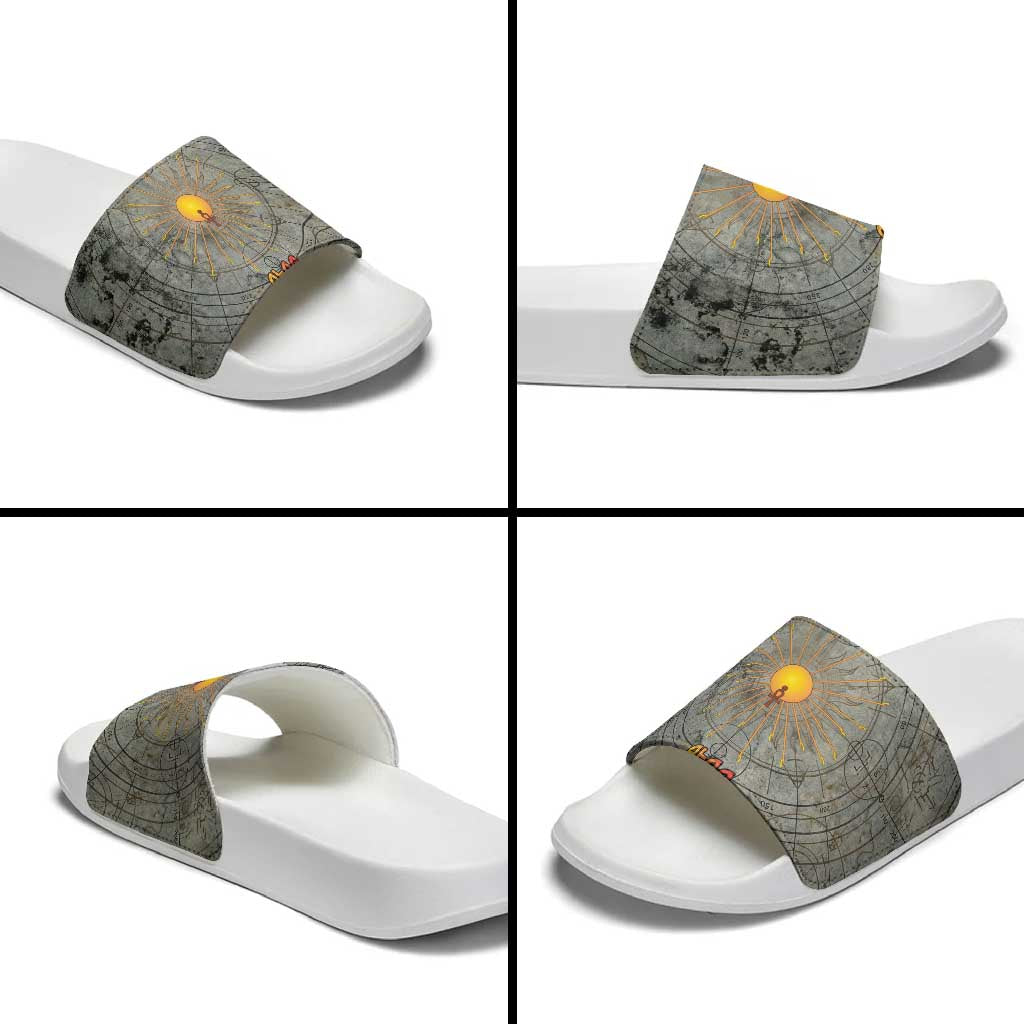 Aten Ancient Egyptian Slide Sandals with Gray Astronomical Chart, Radiant Sun Disc Emblem, and Ankh - African Pride