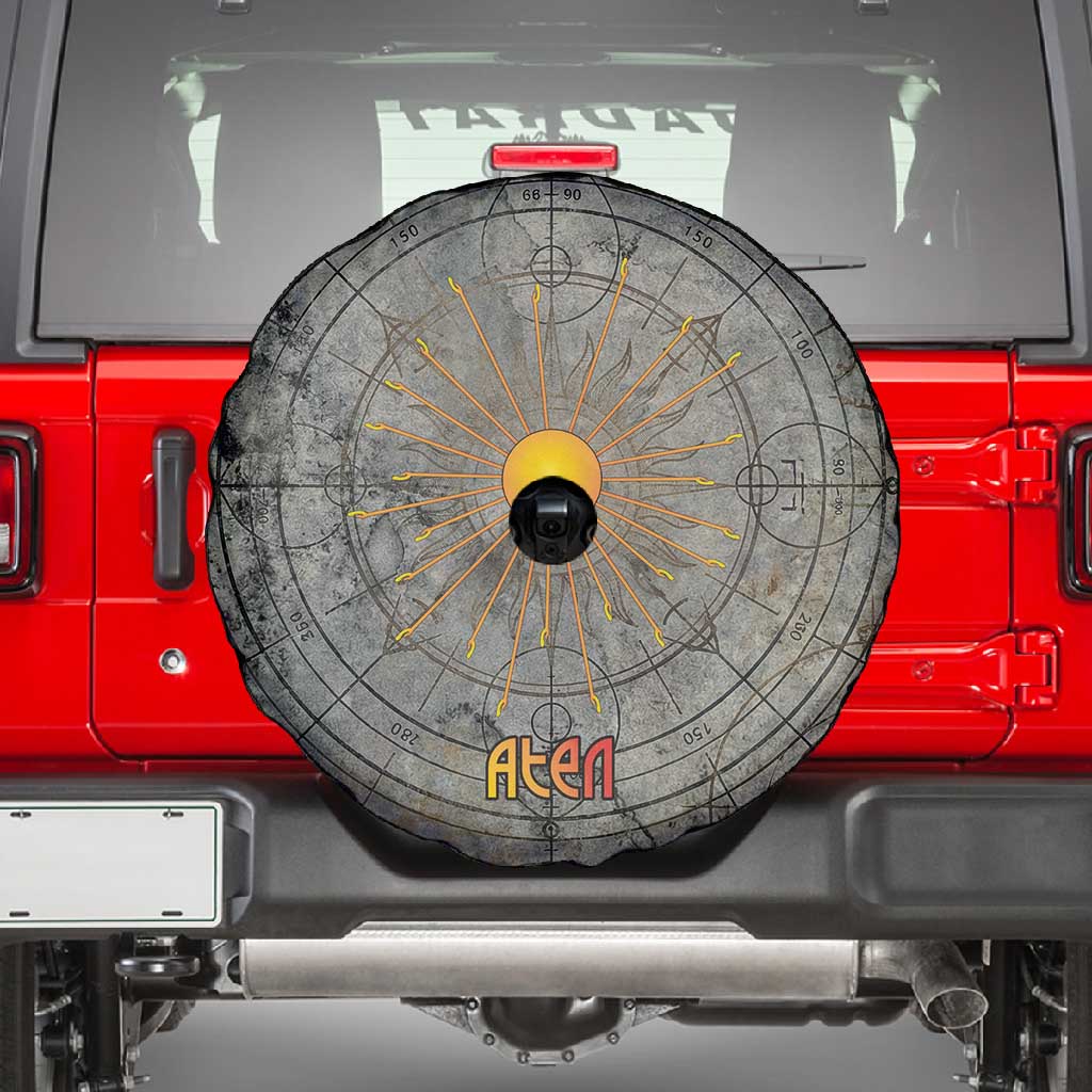 Aten Ancient Egyptian Spare Tire Cover with Gray Astronomical Chart, Radiant Sun Disc Emblem, and Ankh - African Pride