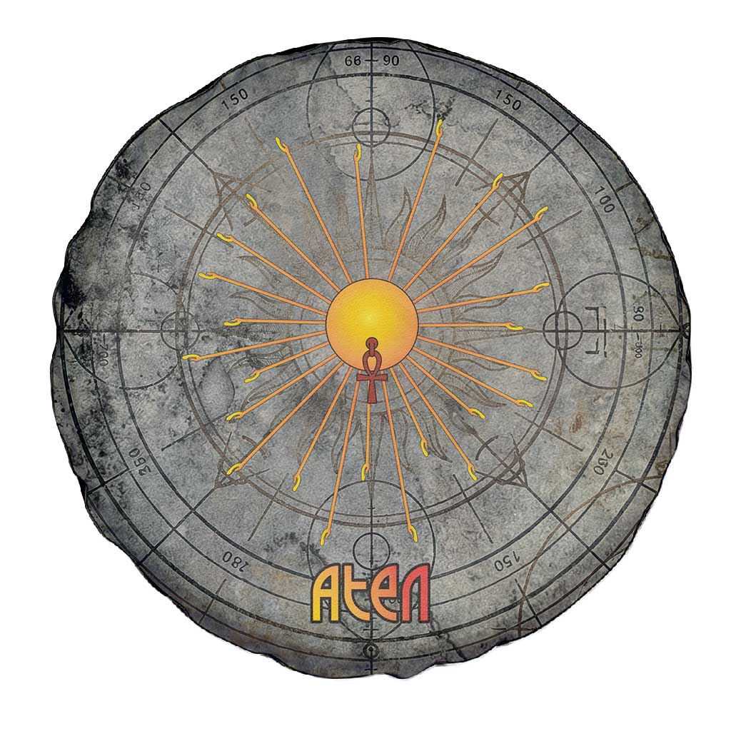 Aten Ancient Egyptian Spare Tire Cover with Gray Astronomical Chart, Radiant Sun Disc Emblem, and Ankh - African Pride