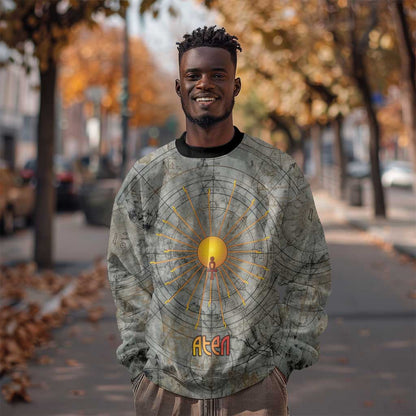 Aten Ancient Egyptian Sweatshirt with Gray Astronomical Chart, Radiant Sun Disc Emblem, and Ankh - African Pride
