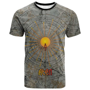 Aten Ancient Egyptian T shirt with Gray Astronomical Chart, Radiant Sun Disc Emblem, and Ankh - African Pride