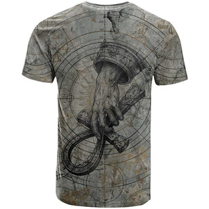 Aten Ancient Egyptian T shirt with Gray Astronomical Chart, Radiant Sun Disc Emblem, and Ankh - African Pride
