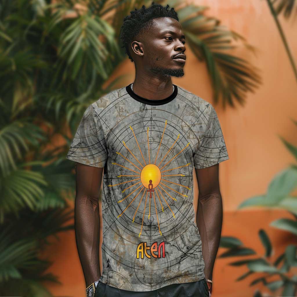 Aten Ancient Egyptian T shirt with Gray Astronomical Chart, Radiant Sun Disc Emblem, and Ankh - African Pride
