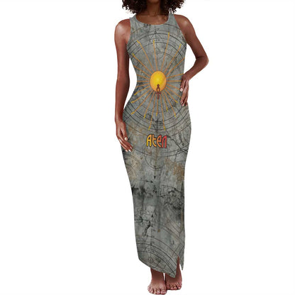Aten Ancient Egyptian Tank Maxi Dress with Gray Astronomical Chart, Radiant Sun Disc Emblem, and Ankh - African Pride