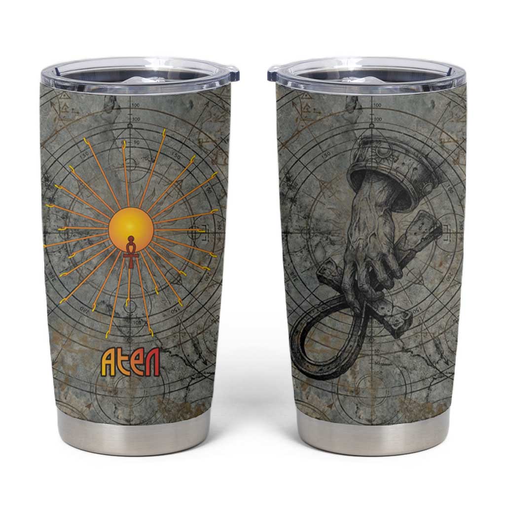 Aten Ancient Egyptian Tumbler Cup with Gray Astronomical Chart, Radiant Sun Disc Emblem, and Ankh - African Pride