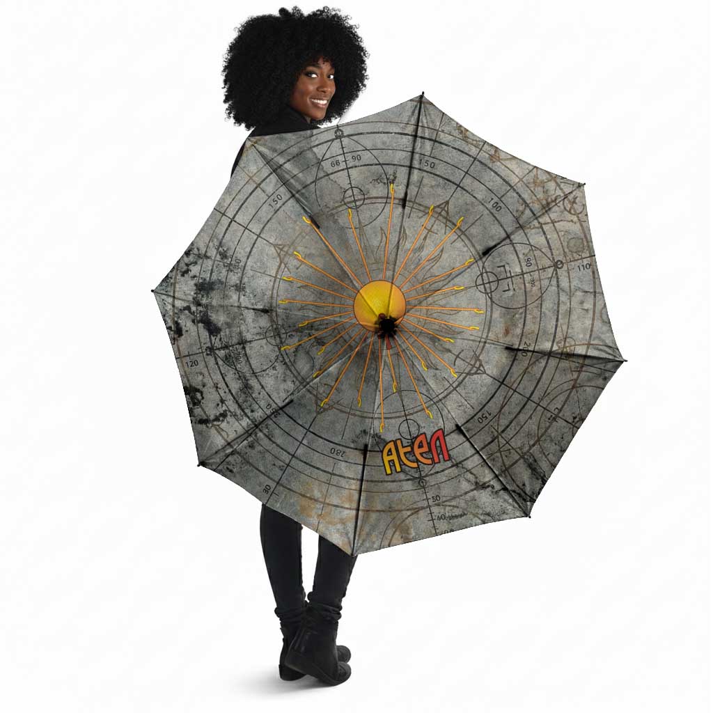 Aten Ancient Egyptian Umbrella with Gray Astronomical Chart, Radiant Sun Disc Emblem, and Ankh - African Pride