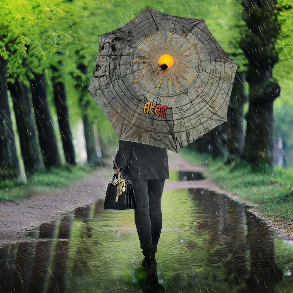 Aten Ancient Egyptian Umbrella with Gray Astronomical Chart, Radiant Sun Disc Emblem, and Ankh - African Pride