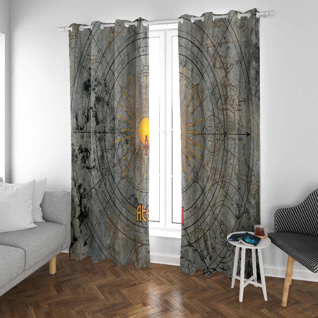 Aten Ancient Egyptian Window Curtain with Gray Astronomical Chart, Radiant Sun Disc Emblem, and Ankh - African Pride