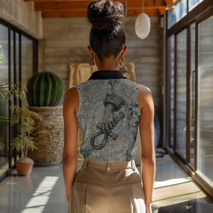 Aten Ancient Egyptian Women Sleeveless Polo Shirt with Gray Astronomical Chart, Radiant Sun Disc Emblem, and Ankh - African Pride