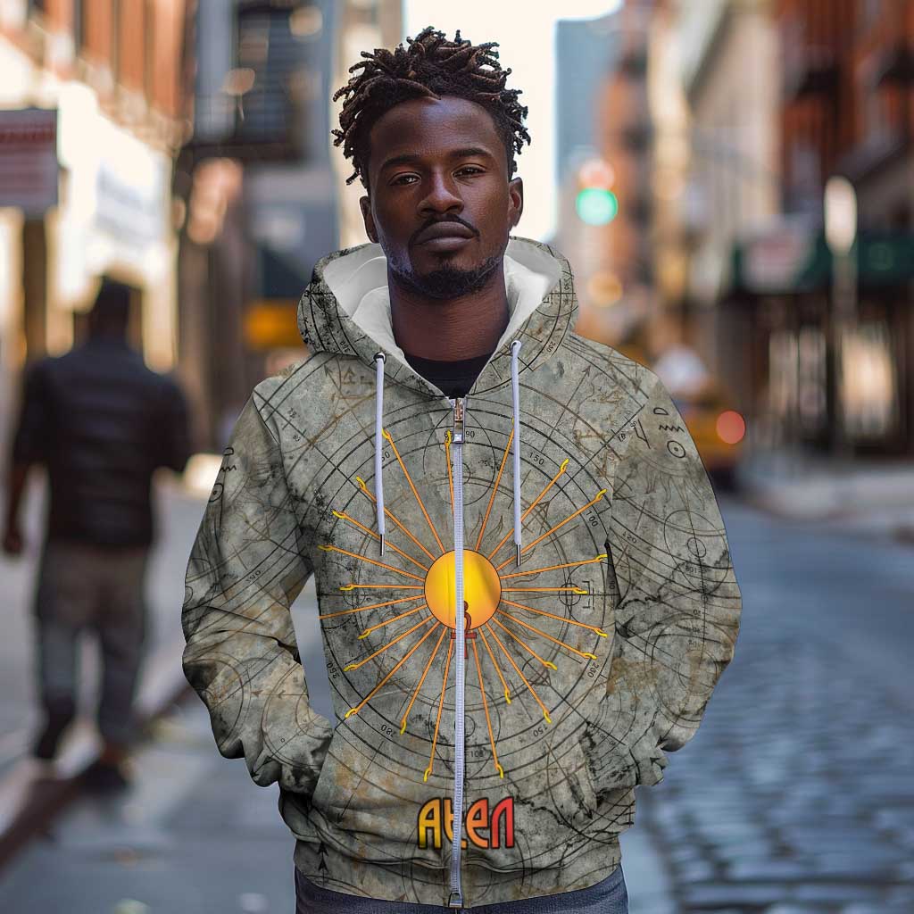 Aten Ancient Egyptian Zip Hoodie with Gray Astronomical Chart, Radiant Sun Disc Emblem, and Ankh - African Pride