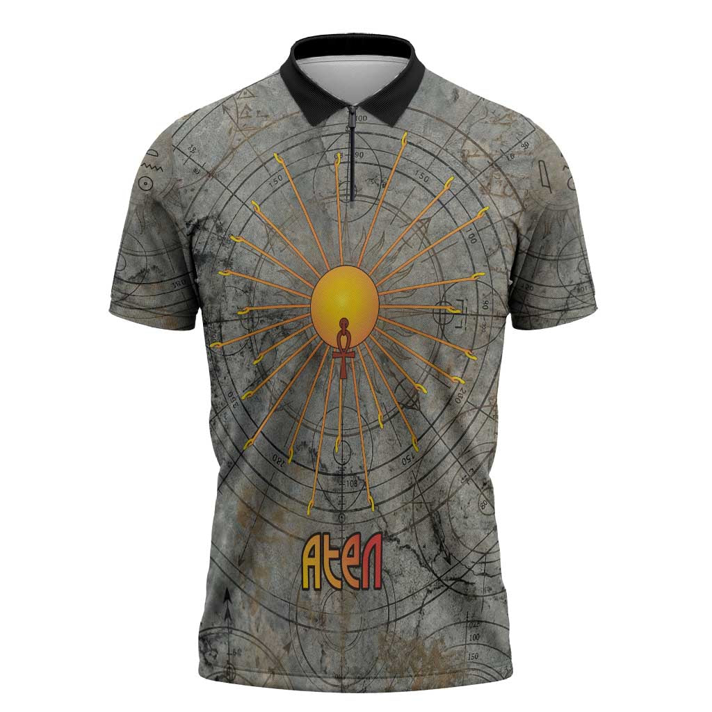 Aten Ancient Egyptian Zipper Polo Shirt with Gray Astronomical Chart, Radiant Sun Disc Emblem, and Ankh - African Pride