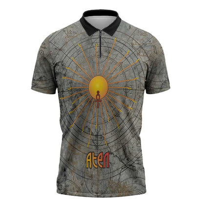 Aten Ancient Egyptian Zipper Polo Shirt with Gray Astronomical Chart, Radiant Sun Disc Emblem, and Ankh - African Pride