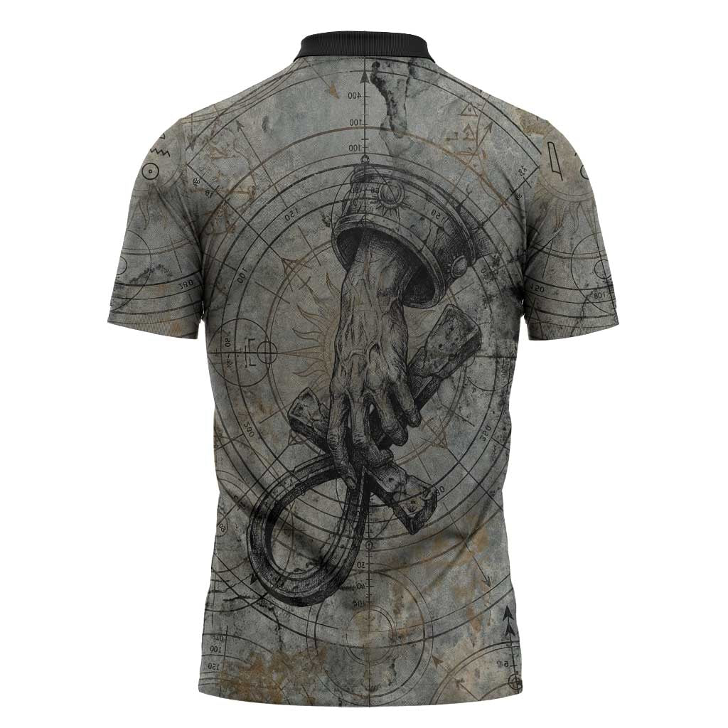 Aten Ancient Egyptian Zipper Polo Shirt with Gray Astronomical Chart, Radiant Sun Disc Emblem, and Ankh - African Pride