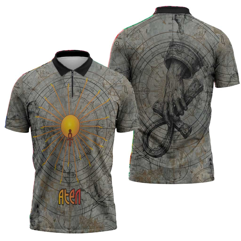 Aten Ancient Egyptian Zipper Polo Shirt with Gray Astronomical Chart, Radiant Sun Disc Emblem, and Ankh - African Pride