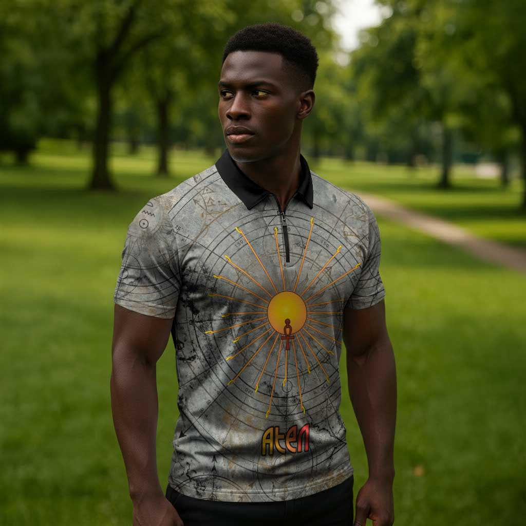 Aten Ancient Egyptian Zipper Polo Shirt with Gray Astronomical Chart, Radiant Sun Disc Emblem, and Ankh - African Pride